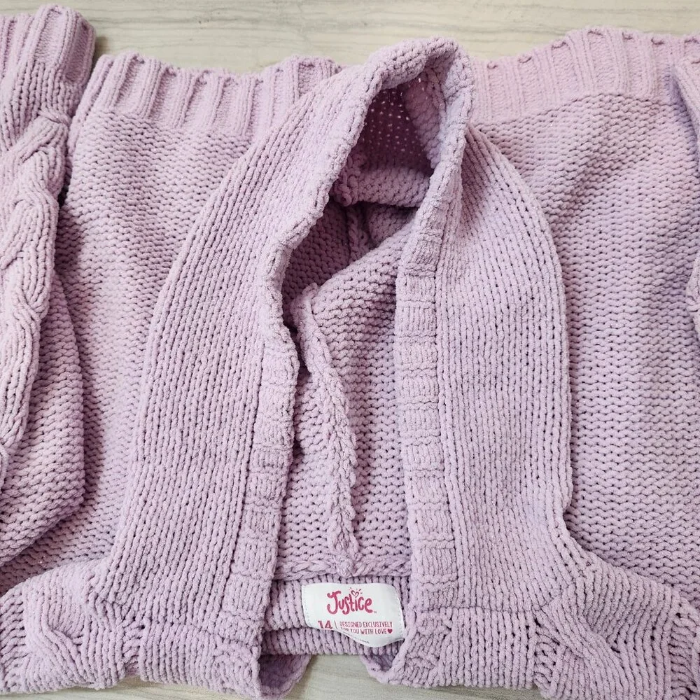 Justice Girls Knitted V-Neck Purple Cropped Sweater w/ Hood